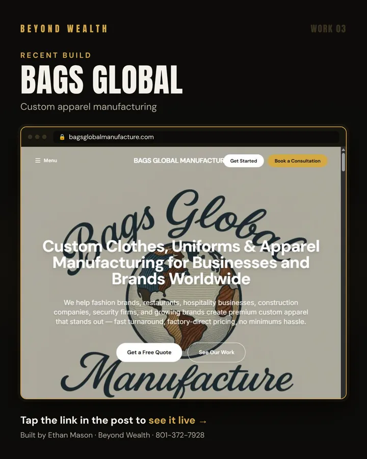 Bags Global Manufacture homepage built by Beyond Wealth: custom apparel manufacturing