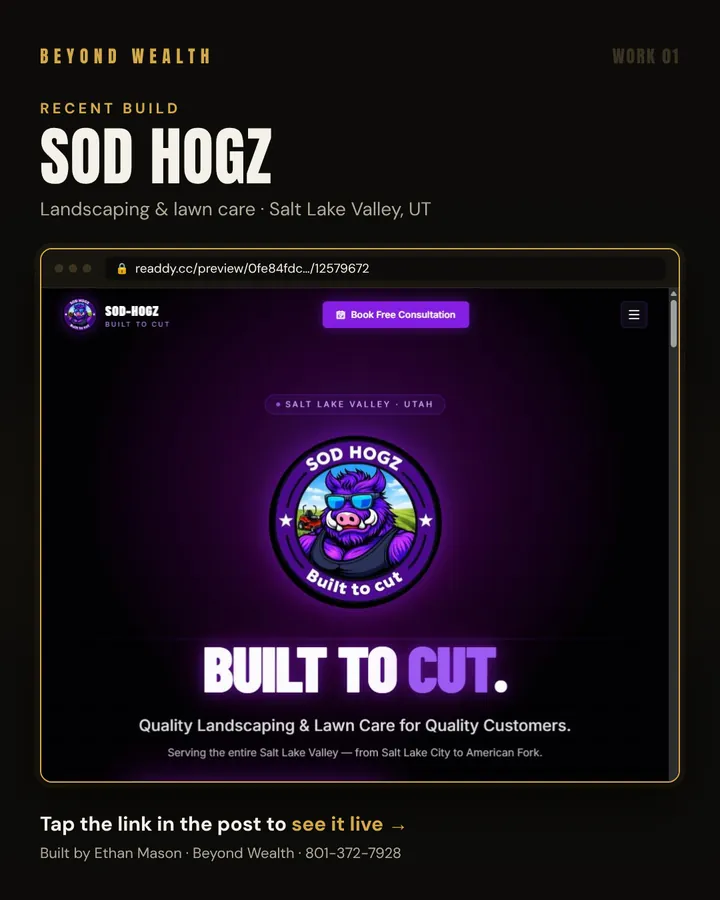 Sod Hogz homepage built by Beyond Wealth: landscaping and lawn care in the Salt Lake Valley, Utah