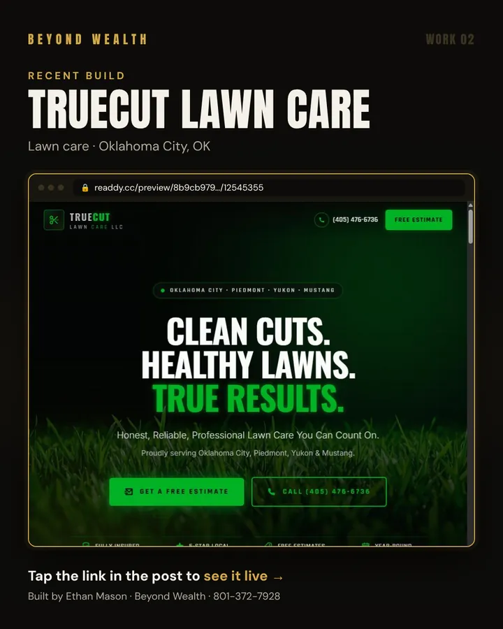 TrueCut Lawn Care homepage built by Beyond Wealth: lawn care in Oklahoma City